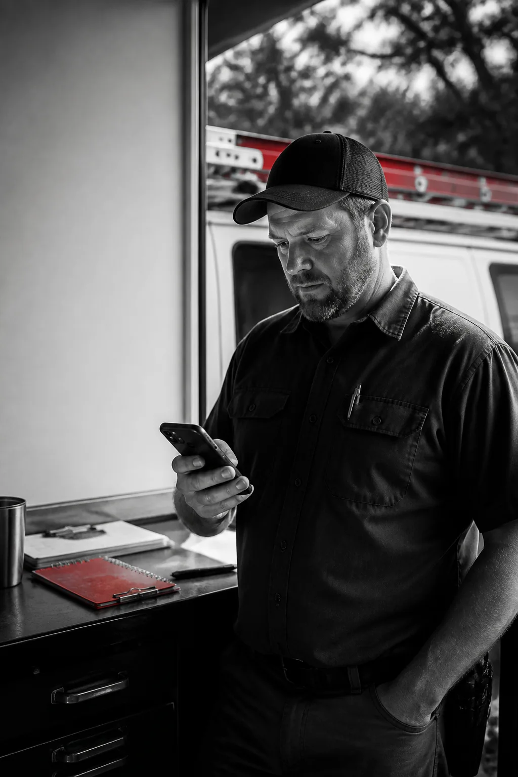 A gutter contractor reviewing leads on a phone in a real work-truck and shop setting