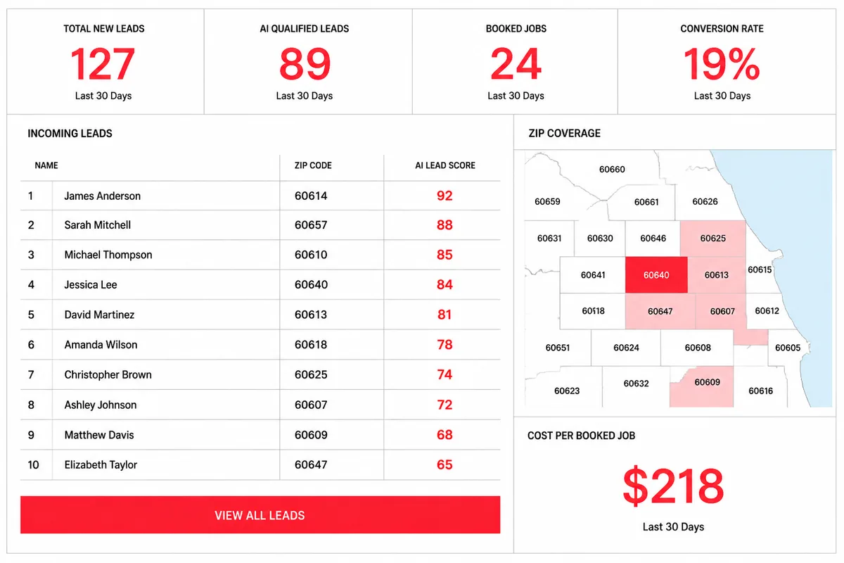 The GutterLeads.ai contractor dashboard showing live leads, lead scores, a zip coverage map, and cost-per-booked-job