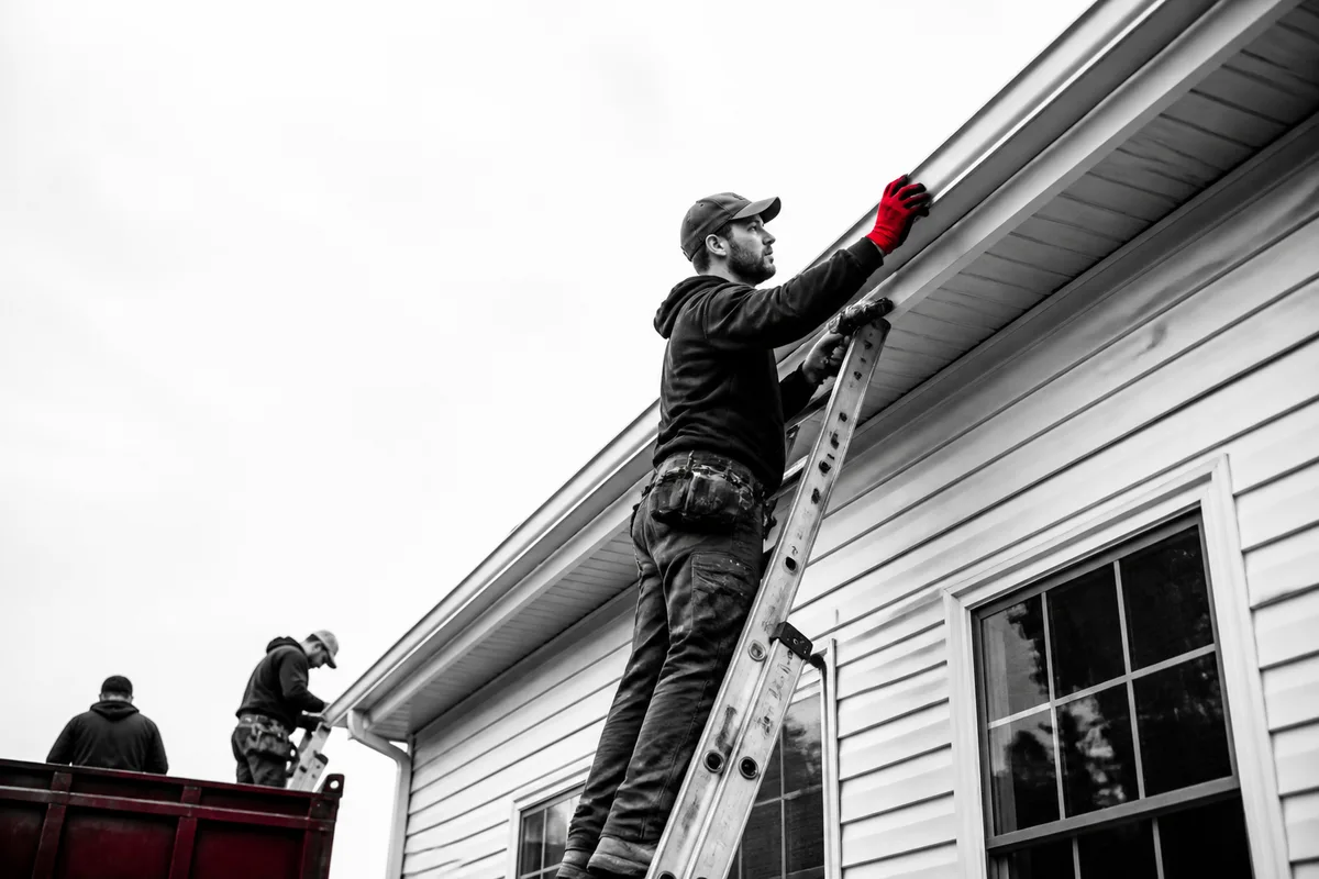 A gutter installation crew working on a ladder fitting seamless gutters to a home